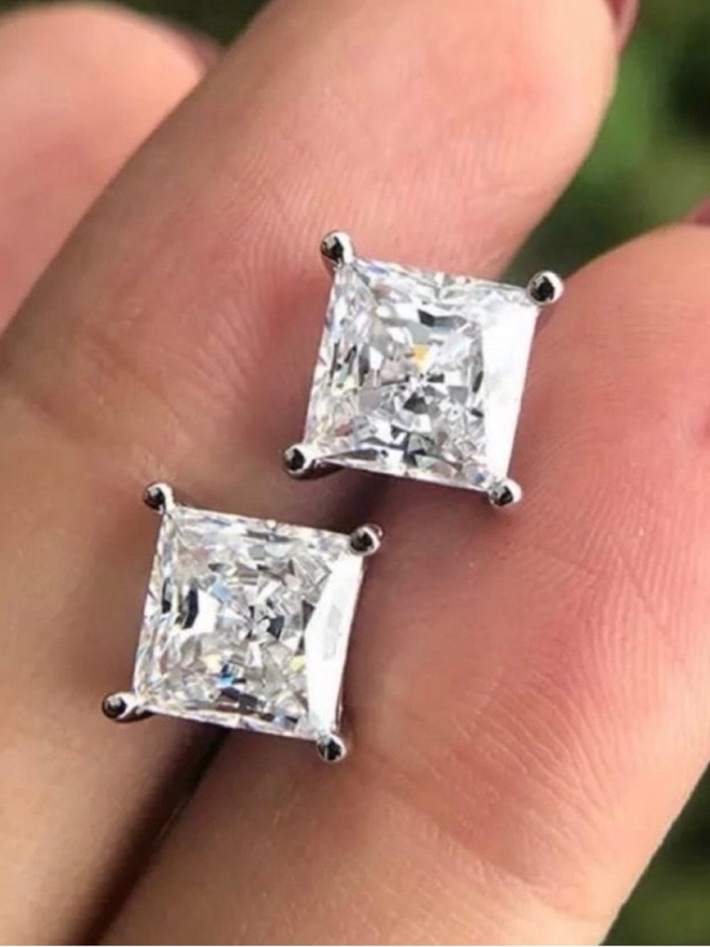 Silver Diamond Princess Cut Stud Earrings - Picture 2 of 8
